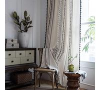 USTIDE Cotton Linen 50% Blackout Curtains 150x220cm - Geometric Boho Farmhouse with Rod Pocket & Tassels, Rustic Black White for Living Room Bedroom