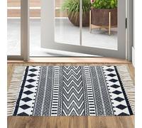 USTIDE Cotton Rugs Black&Cream Boho Rag Rug Washable Farmhouse Bath Tassel Carpets Doormat Hand Woven Fringe Chindi Floor Mat 60x90cm