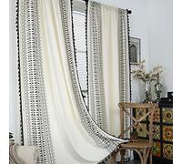 USTIDE Cotton Semi-Blackout Curtains 150x160cm, Black and White Boho Farmhouse Geometric Pattern with Tassels, Tribal Ethnic Design for Bedroom & Living Room, 2 Panels