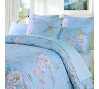 USTIDE Double Size Birds Floral and Leaves Pattern Bedding Set Bohemia Chic Shabby Vintage French Farmhouse 3Pcs Duvet/Quilt Cover Sets 100% Damask Egytion Cotton Smoked Blue