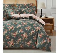 USTIDE Forest Green Floral Duvet Cover Set, 100% Cotton Double Bedding, King Size 3 Piece Ultra Soft Breathable Quilt Cover, Shabby Chic Vintage Rose Garden Design, All-Season Comfort