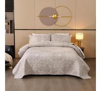 USTIDE King Size Quilt Set 230x250 cm, 3 Pieces 100% Cotton Reversible Quilted Bedspread, Grey Floral Paisley Soft Bed Throw Coverlet
