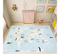 USTIDE Light Blue Map Rug 120x180cm Area Rug World Map Cute Animal Rugs Educational Carpet for Boy Girl Non Slip Machine Washable Rugs for Living Room Bedroom Playroom Classroom