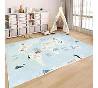 USTIDE Light Blue Map Rug 150x200cm Area Rug World Map Cute Animal Rugs Educational Carpet for Boy Girl Non Slip Machine Washable Rugs for Living Room Bedroom Playroom Classroom