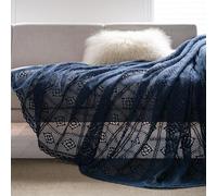 USTIDE Navy Blue Crochet Sofa Throw Blanket Farmhouse Tassels Hollow Out Throw Blanket 220x260cm
