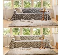 USTIDE Rustic Sofa Throw Blanket with Tassels Bohemian Geometric Reversible Throw Beige&Grey Classic Bed Sofa Cover,180x260cm