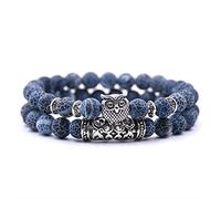 USUASI 2Pcs Charm Mens&Womens Beaded Bracelet Handmade Bead Lava Stone owl Head 8mm (Blue)