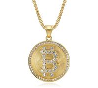 USUASI Bitcoin Pendant Necklace - Gold-Plated Titanium Steel with Cubic Zirconia Stones, Round Design (1pc-golds)