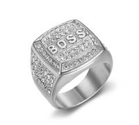 USUASI Hiphop Ring Titanium Steel Vacuum Plated Cubic Zirconia Block BOSS Letters Men's Ring, Boss Rings for Men - Boss Rings with CZ Stones and Rhinestones (Silver)