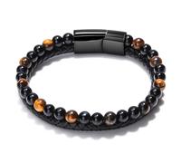 USUASI Volcano Tiger Eye Stone Bracelet, Cowhide Rope, Men's and Women's Beaded Leather Bracelet, Black (19, Genuine leather tiger eye stone)