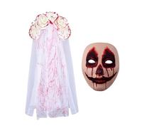 USUKUSI 2 Pcs Halloween Day of the Dead Costume Set for Women, Rose Sugar Skull Full Face Mask Mexican Flower Crown Headband Veil Halloween Party Supplies
