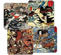Utagawa Kuniyoshi Japanese Warrior Coaster Set Of 4. Samurai Ukiyo-e Wood Block Paintings. Cork Backed