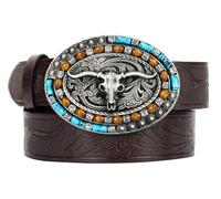 Utaly Western Cowboy Cowgirl Leather Belts - Women Men Turquoise Embossed Waist Belts With LongHorn Bull Buckles Fit 25-39”, Coffee, Suit for 25-31" waist