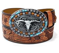 Utaly Western Cowboy Cowgirl Leather Belts - Women Men Turquoise Embossed Waist Belts With LongHorn Bull Buckles Fit 25-39”, Brown, Suit for 31-35" waist