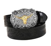 Utaly Western Cowboy Cowgirl Leather Belts - Women Men Turquoise Embossed Waist Belts With LongHorn Bull Buckles Fit 25-38”, Black-1, Suit for 35"-38" waist