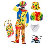 Utaomld Adult Clown Costume with Rainbow Wig Hat Bag Glasses Halloween Man Women Cosplay Jumpsuit Costumes (Path)