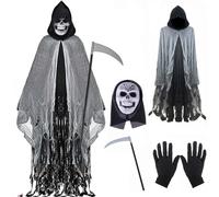 Utaomld Halloween Grim Reaper Costume Set with Accessories Mask Gloves Sickle Scary Demon Ghost Cosplay Outfit Party Props (Black)