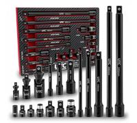UTC Impact Extension Accessory Kit 18pc 1/4in 3/8in 1/2in Drive Bars Socket Adaptors Universal Joints Cr V Steel Black Phosphate Corrosion Resistant Storage Case Professional Workshop Use 810010-UTC