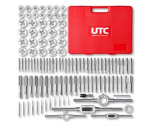 UTC Metric Tap Die Set 110pc M2 M18 Tungsten Steel Thread Repair Cutting Kit Internal External Bolt Nut Threading Engineering Professional Workshop Use 810096-UTC