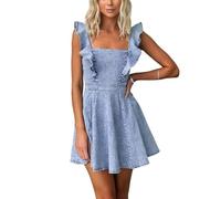 utcoco Denim Dress for Women Ruffle Adjustable Strap Sleeveless Backless Babydoll Mini Jean Dresses, Light Blue, XL