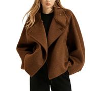 utcoco Women Cropped Thicken Wool Coats Oversized Short Jackets Notched Lapel Pea Coat Trench Overcoats with Pockets, Brown, Large