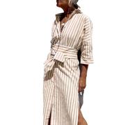 utcoco Womens 2025 Shirt Dress Casual Lapel 3/4 Sleeve Button Down Split Belted Vacation Maxi Dress, Light Brown Striped, M