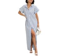 utcoco Women's 2025 Striped Short Sleeve Cotton Maxi Shirt Dress Belted Side Slit Button Down Dress with Pockets, Light Blue, L