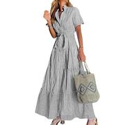 utcoco Womens Casual Short Sleeve Button Down Tie Waist Ruffled Striped Maxi Shirt Dress, Black, S