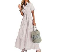 utcoco Womens Casual Short Sleeve Button Down Tie Waist Ruffled Striped Maxi Shirt Dress, Khaki, XS