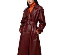 utcoco Women's Faux Leather Trench Coat Double Breasted Belted High Waist Long PU Leather Jacket Fall Winter Outerwear, Wine Red, Small