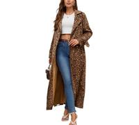 utcoco Womens Faux Suede Long Trench Coat Notched Lapel Double Breasted Pea Coat Overcoat with Belt, Leopard, Small