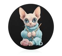 Сute Sphinx Cat Knitting A Sweater Printed Tempered Glass Cutting Board Round Chopping Block for Kitchen Non-Slip Feet