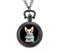 Сute Sphinx Cat Knitting A Sweater Vintage Pocket Watches Roman Numerals Quaretz Watch with Chain Christmas Birthday Gifts Black-Style