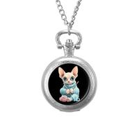 Сute Sphinx Cat Knitting A Sweater Vintage Pocket Watches Roman Numerals Quaretz Watch with Chain Christmas Birthday Gifts Silver-Style
