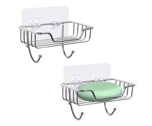 Uten 2 Pcs Strong Self Adhesive Soap Dish, Stainless Steel Soap Holder with Hook No Drilling, Wall Mounted Soap Tray for Shower Bathroom Kitchen, Silver