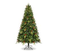 Uten Artificial 7.5ft Christmas Tree, with Realistic PE Leaves Indoor Home Xmas Tree Decoration, 1150 Natural Looking PE & PVC Tips, 37 Groups Red Berries, Hinged Branches, Metal Stand, Reusable