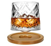 Uten Rotatable Old Fashioned Crystal Whiskey Glass, 275ml/10oz with Wood Coaster - Thickened for Rum, Cocktails, Coffee, Milk - Stress-Reducing - 1 Piece