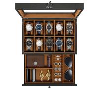 Uten Watch Box 10 Slots, 2-Tier Solid Wood Watch Case with Glass Lid, Metal Clasp, Watch Display Box for Men and Women, Removable Silk Cotton Pillow, Brown Lining, Jewelry Storage Box, Gift Idea