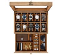 Uten watch box 10 Slots, 2-Tier Solid Wood Watch Case with Glass Lid, Metal Clasp, Watch Display Box for Men and Women, Removable Silk Cotton Pillow, Brown Lining, Jewelry Storage Box, Gift Idea