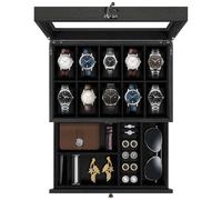 Uten Watch Box 10 Slots, 2-Tier Solid Wood Watch Case with Glass Lid, Metal Clasp, Watch Display Box for Men and Women, Removable Silk Cotton Pillow, Black Lining, Jewelry Storage Box, Gift Idea