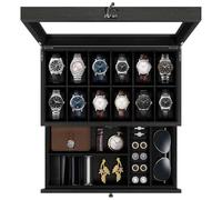 Uten Watch Box 12 Slots, 2-Tier Solid Wood Watch Case with Glass Lid, Metal Clasp, Watch Display Box for Men and Women, Removable Silk Cotton Pillow, Black Lining, Jewelry Storage Box, Gift Idea