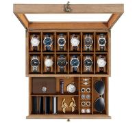 Uten Watch Box 12 Slots, 2-Tier Solid Wood Watch Case with Glass Lid, Metal Clasp, Watch Display Box for Men and Women, Removable Silk Cotton Pillow, Brown Lining, Jewelry Storage Box, Gift Idea