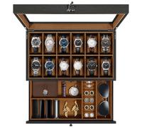 Uten Watch Box 12 Slots, 2-Tier Solid Wood Watch Case with Glass Lid, Metal Clasp, Watch Display Box for Men and Women, Removable Silk Cotton Pillow, Brown Lining, Jewelry Storage Box, Gift Idea