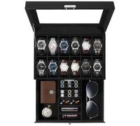 Uten Watch Box 12 Slots, 2-Tier Watch Case with Key Lock, Glass Lid, watch display box for Men and Women, Black Synthetic Leather, Black Velvet Lining, Removable Pillows, Jewelry Storage Box