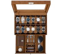 Uten Watch Box 12 Slots, 2-Tier Watch Case with Key Lock, Glass Lid, watch display box for Men and Women, Brown Synthetic Leather, Brown Velvet Lining, Removable Pillows, Jewelry Storage Box