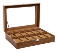 Uten Watch Box 12 Slots, Watch Case with Glass Lid, Metal Clasp, Watch Display Storage Box for Men and Women, Brown Synthetic Leather, Brown Velvet Lining, Removable Pillows, Gift Idea