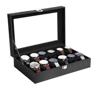 Uten Watch Box 12 Slots, Watch Case with Glass Lid, Watch Display Storage Box for Men and Women, Removable Watch Pillows, Metal Clasp, Black Synthetic Leather, Black Velvet Lining, Gift Idea