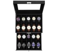 Uten Watch Box 20 Slots, 2-Tier Watch Case with Key Lock, Glass Lid, Watch Display Storage Box for Men and Women, Black Synthetic Leather, Black Velvet Lining, Removable Pillows, Gift Idea