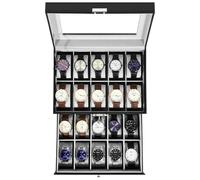 Uten Watch Box 20 Slots, 2-Tier Watch Case with Key Lock, Glass Lid, Watch Display Storage Box for Men and Women, Black Synthetic Leather, Grey Velvet Lining, Removable Pillows, Gift Idea