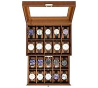 Uten Watch Box 20 Slots, 2-Tier Watch Case with Key Lock, Glass Lid, Watch Display Storage Box for Men and Women, Brown Synthetic Leather, Brown Velvet Lining, Removable Pillows, Gift Idea